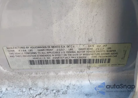 2007 Volkswagen Jetta Wolfsburg Edition из США, поврежденный, VIN 3VWEG71K77M133899